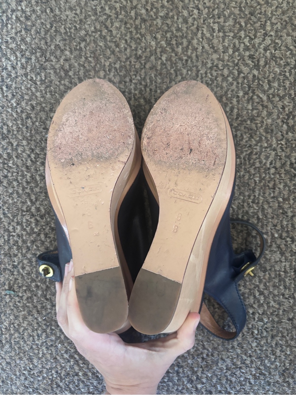 Coach Navy Leather Wedge Sandals with Tan Wood Platform - Picture 6 of 6
